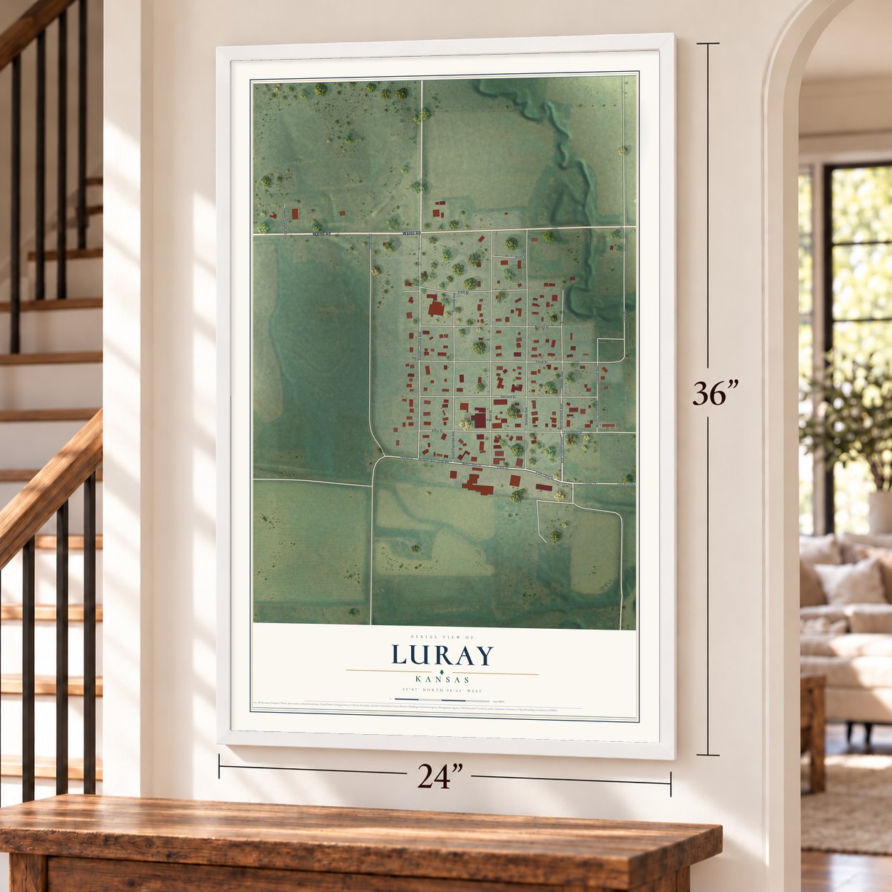Luray, Kansas map, 24 x 36 inch print in a white frame by a staircase