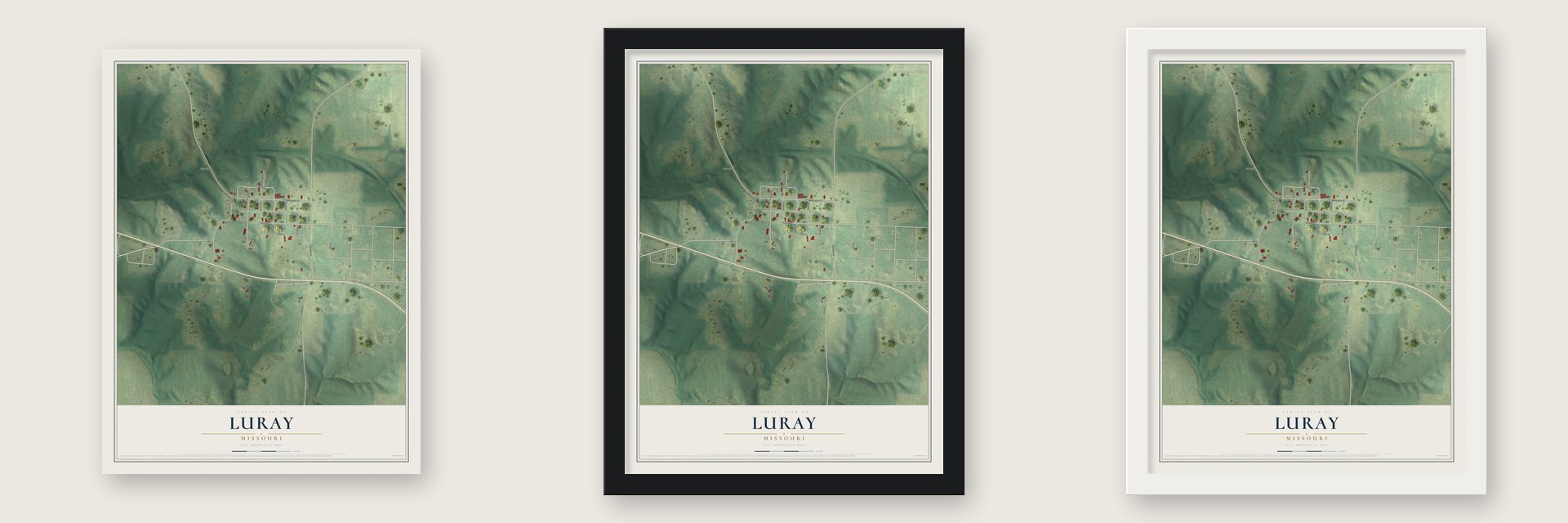 Luray, Missouri map unframed, in a black wood frame and in a white wood frame
