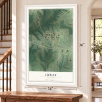 Luray, Missouri map, 24 x 36 inch print in a white frame by a staircase