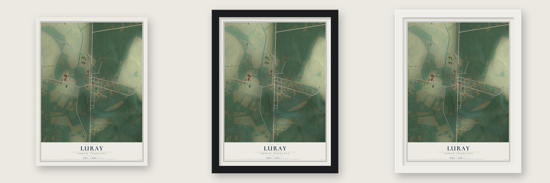 Luray, South Carolina map unframed, in a black wood frame and in a white wood frame