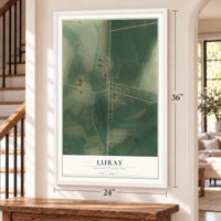Luray, South Carolina map, 24 x 36 inch print in a white frame by a staircase