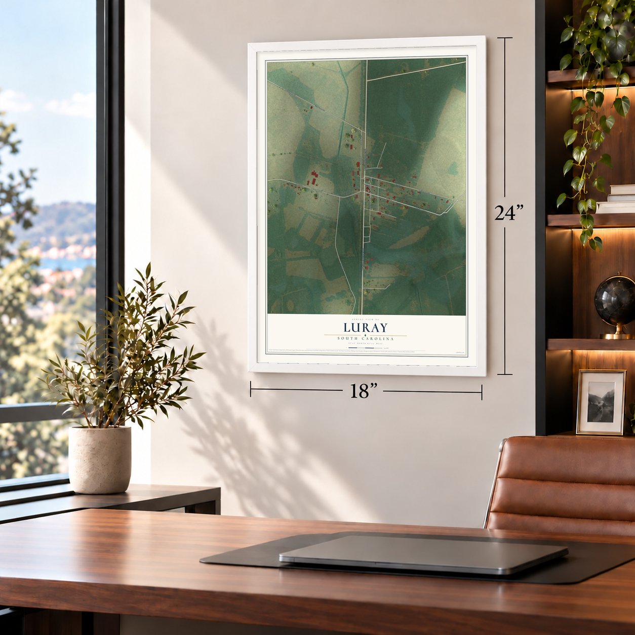 Luray, South Carolina map, 18 x 24 inch print in a white frame in a home office