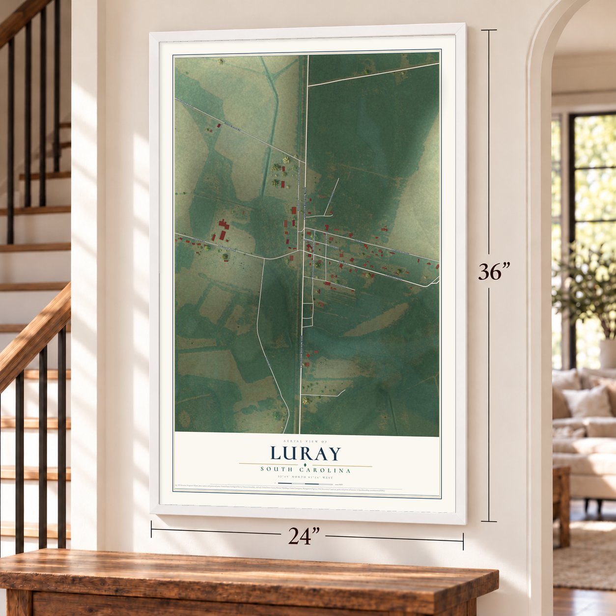 Luray, South Carolina map, 24 x 36 inch print in a white frame by a staircase