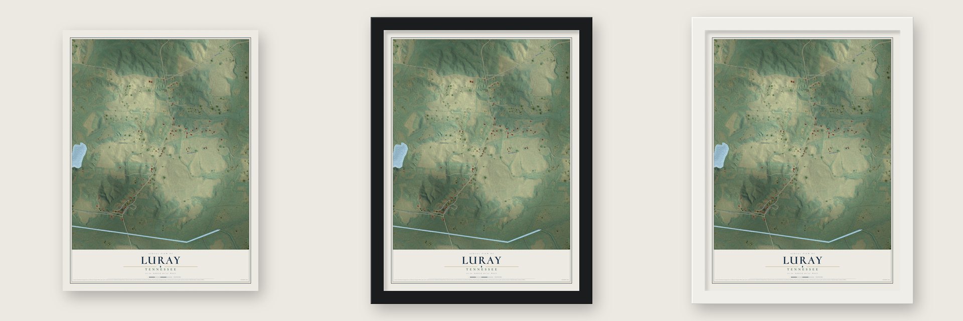 Luray, Tennessee map unframed, in a black wood frame and in a white wood frame