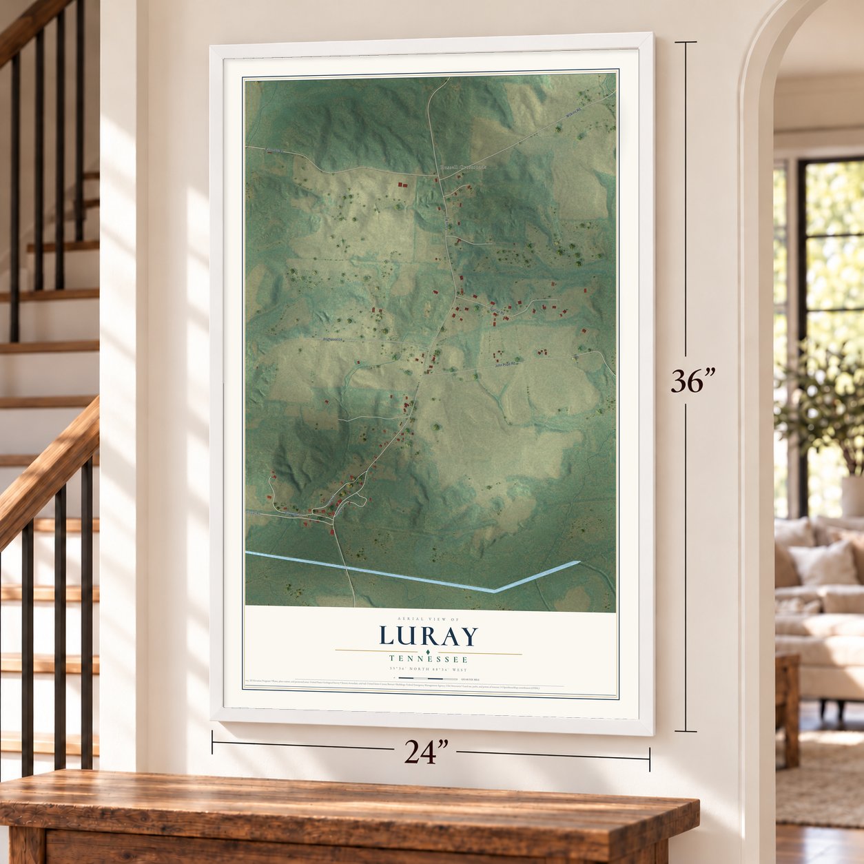 Luray, Tennessee map, 24 x 36 inch print in a white frame by a staircase