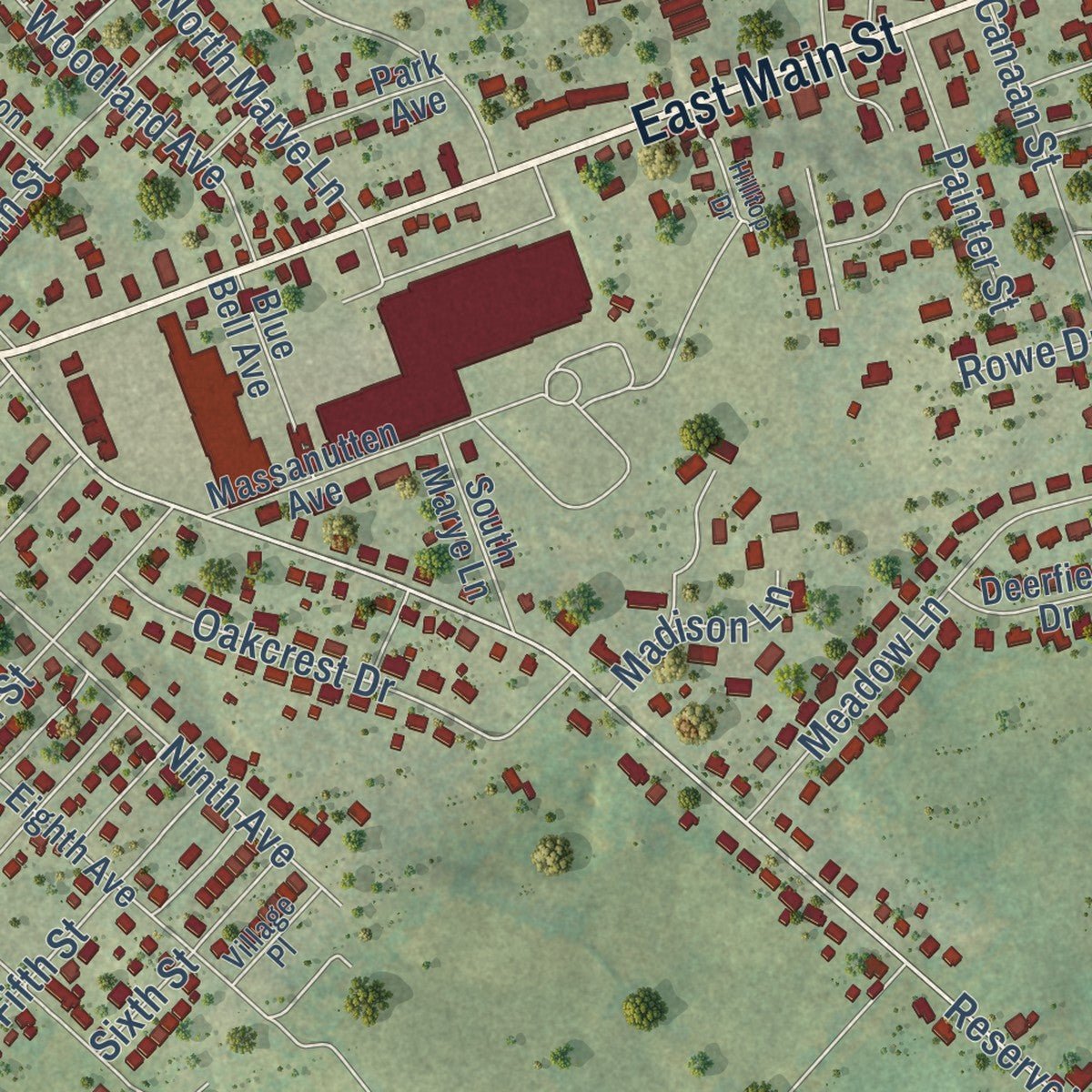 Second close-up of the map of Luray, Virginia print showing more streets and buildings