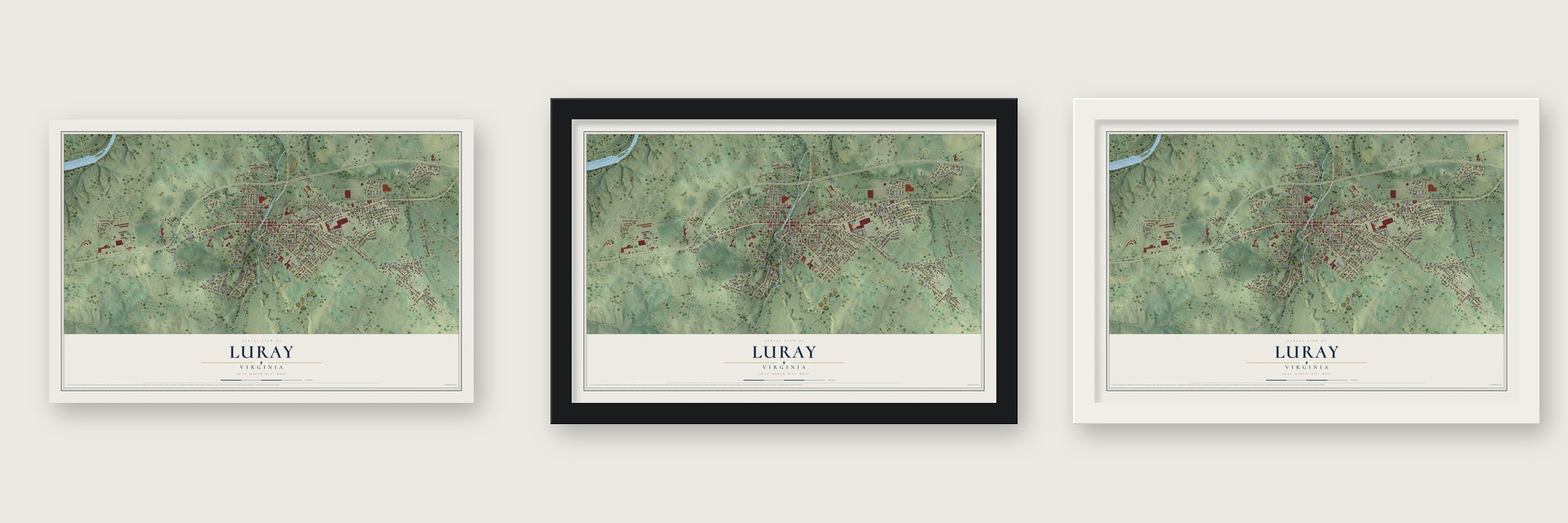 Luray, Virginia map unframed, in a black wood frame and in a white wood frame