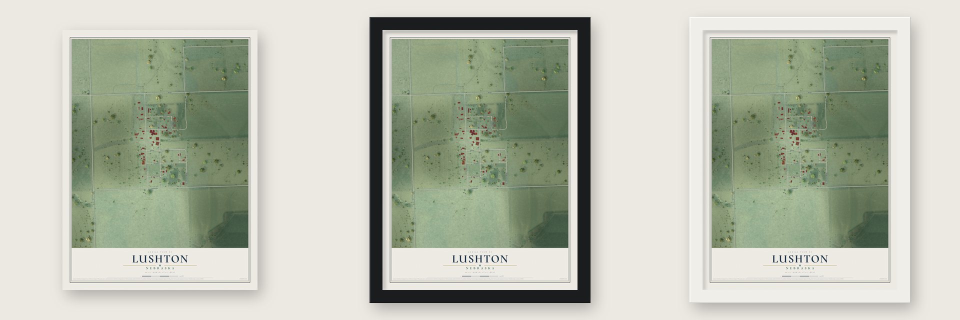 Lushton, Nebraska map unframed, in a black wood frame and in a white wood frame