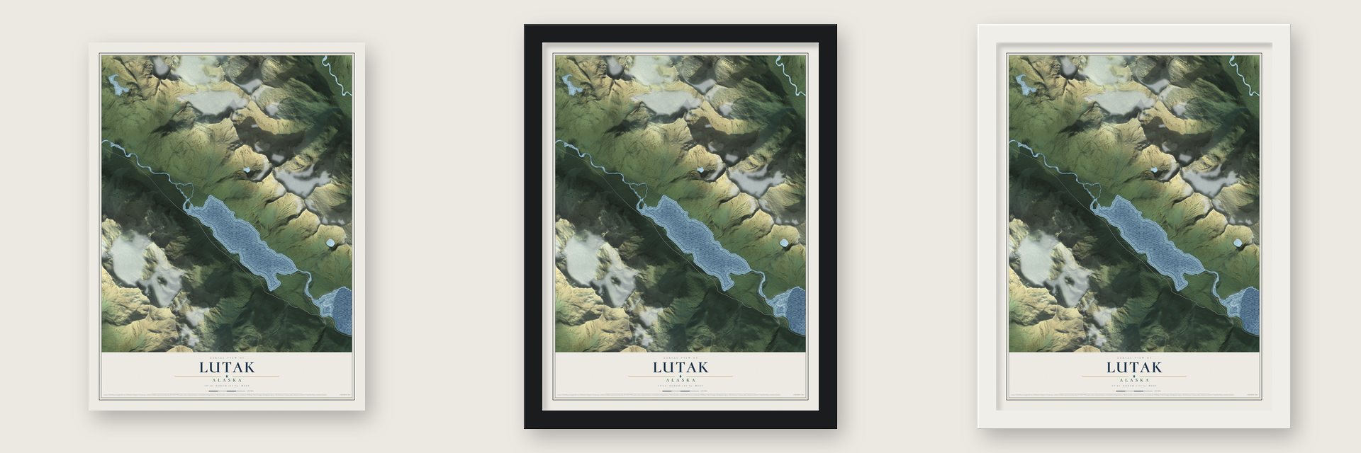 Lutak, Alaska map unframed, in a black wood frame and in a white wood frame