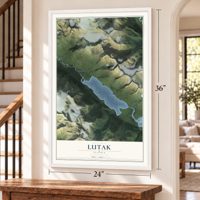 Lutak, Alaska map, 24 x 36 inch print in a white frame by a staircase