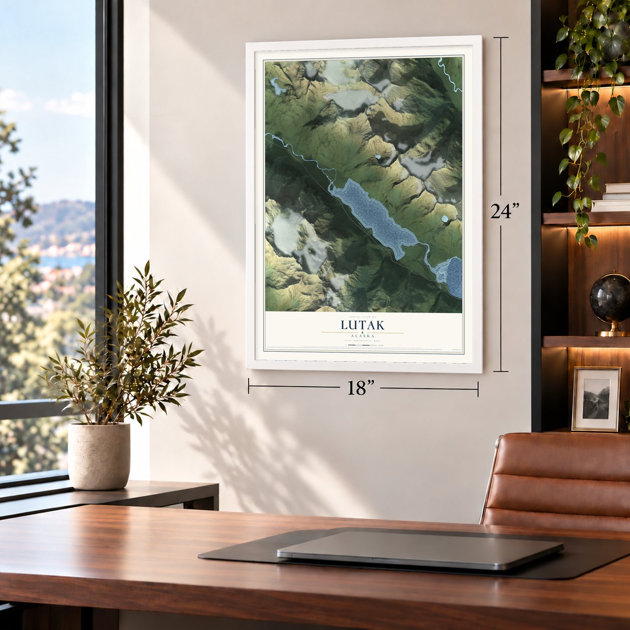 Lutak, Alaska map, 18 x 24 inch print in a white frame in a home office