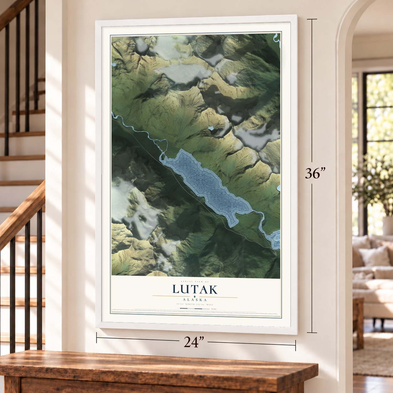 Lutak, Alaska map, 24 x 36 inch print in a white frame by a staircase