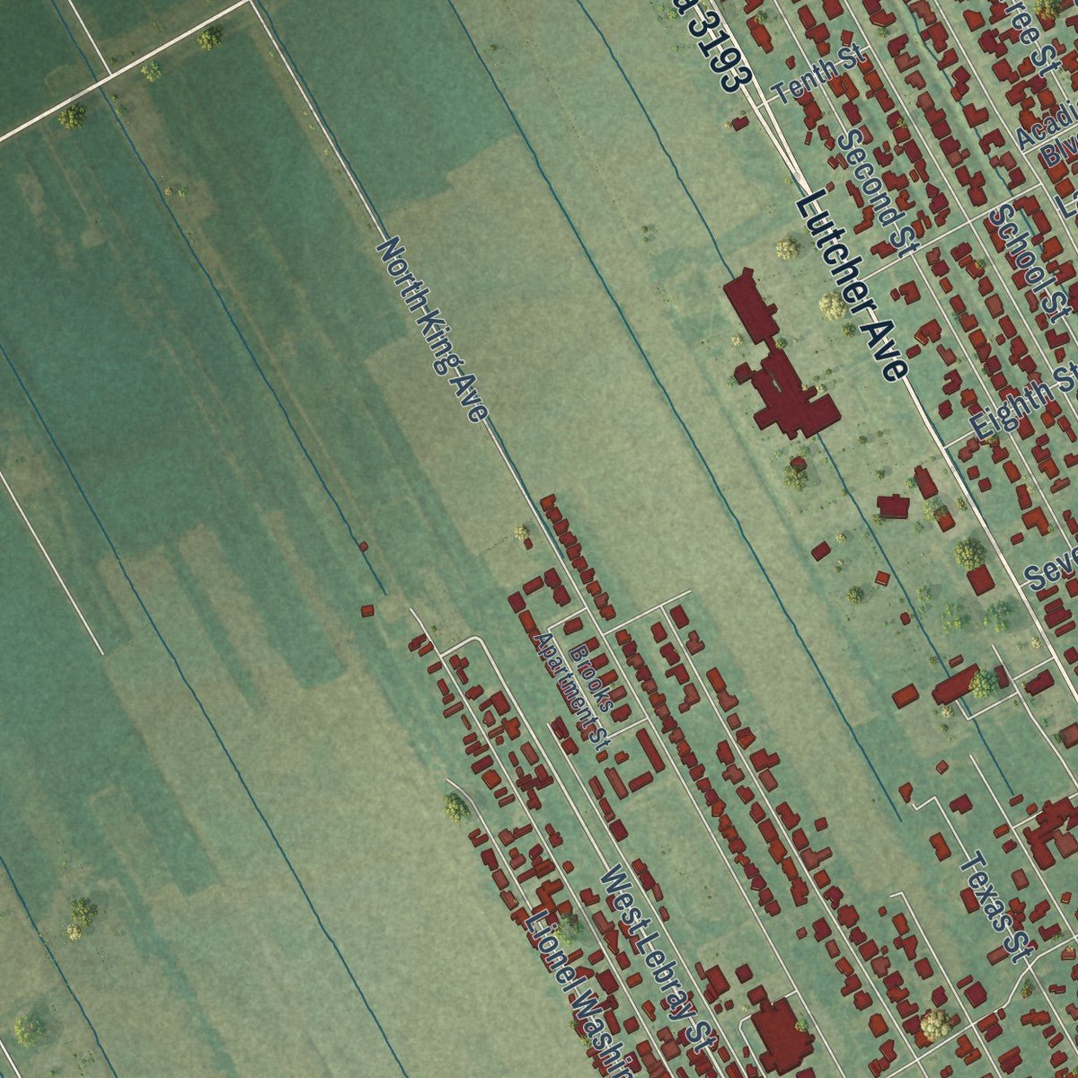 Second close-up of the map of Lutcher, Louisiana print showing more streets and buildings