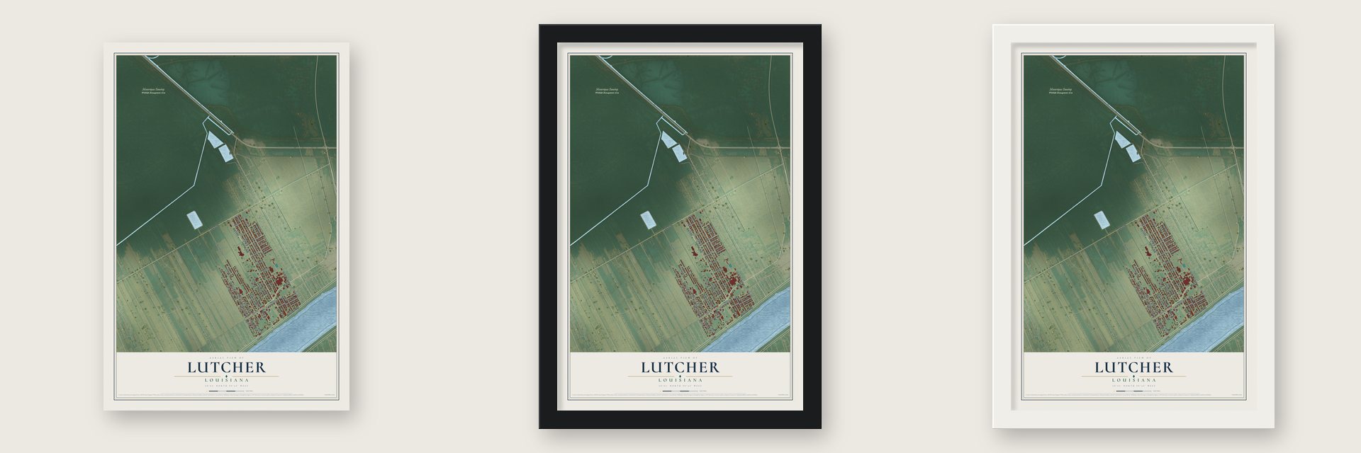 Lutcher, Louisiana map unframed, in a black wood frame and in a white wood frame