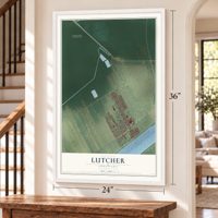 Lutcher, Louisiana map, 24 x 36 inch print in a white frame by a staircase