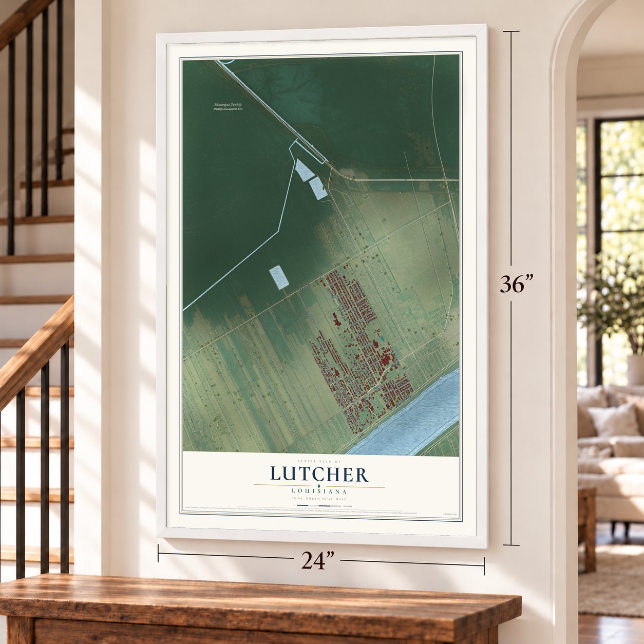 Lutcher, Louisiana map, 24 x 36 inch print in a white frame by a staircase