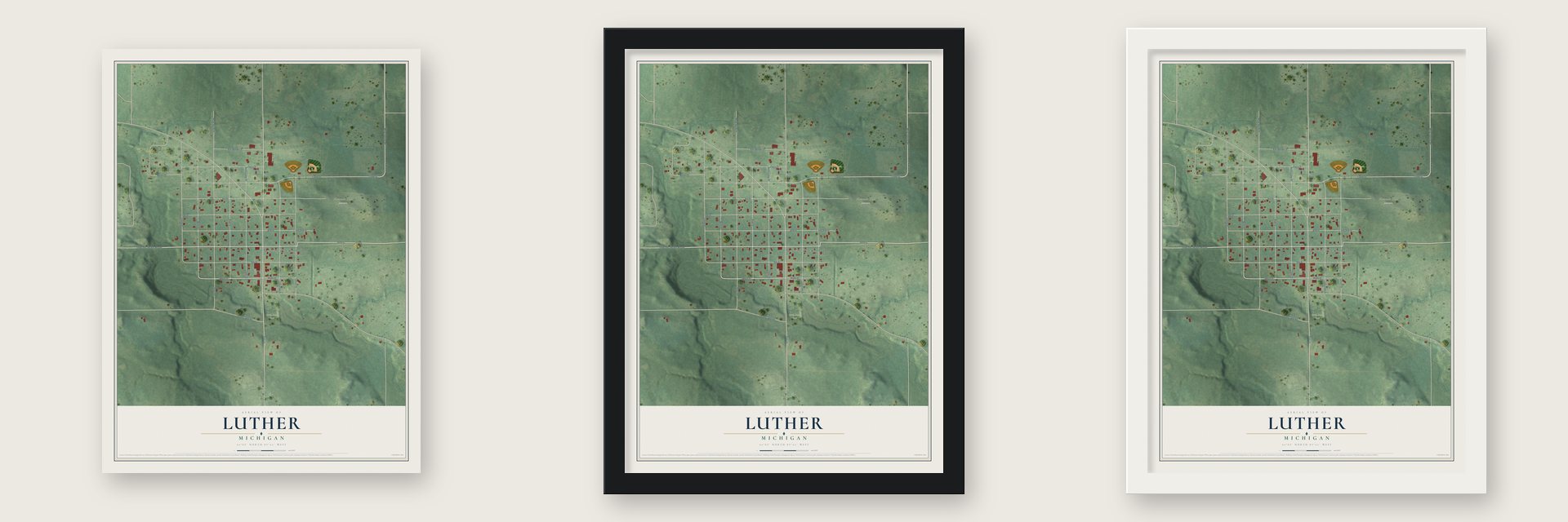Luther, Michigan map unframed, in a black wood frame and in a white wood frame