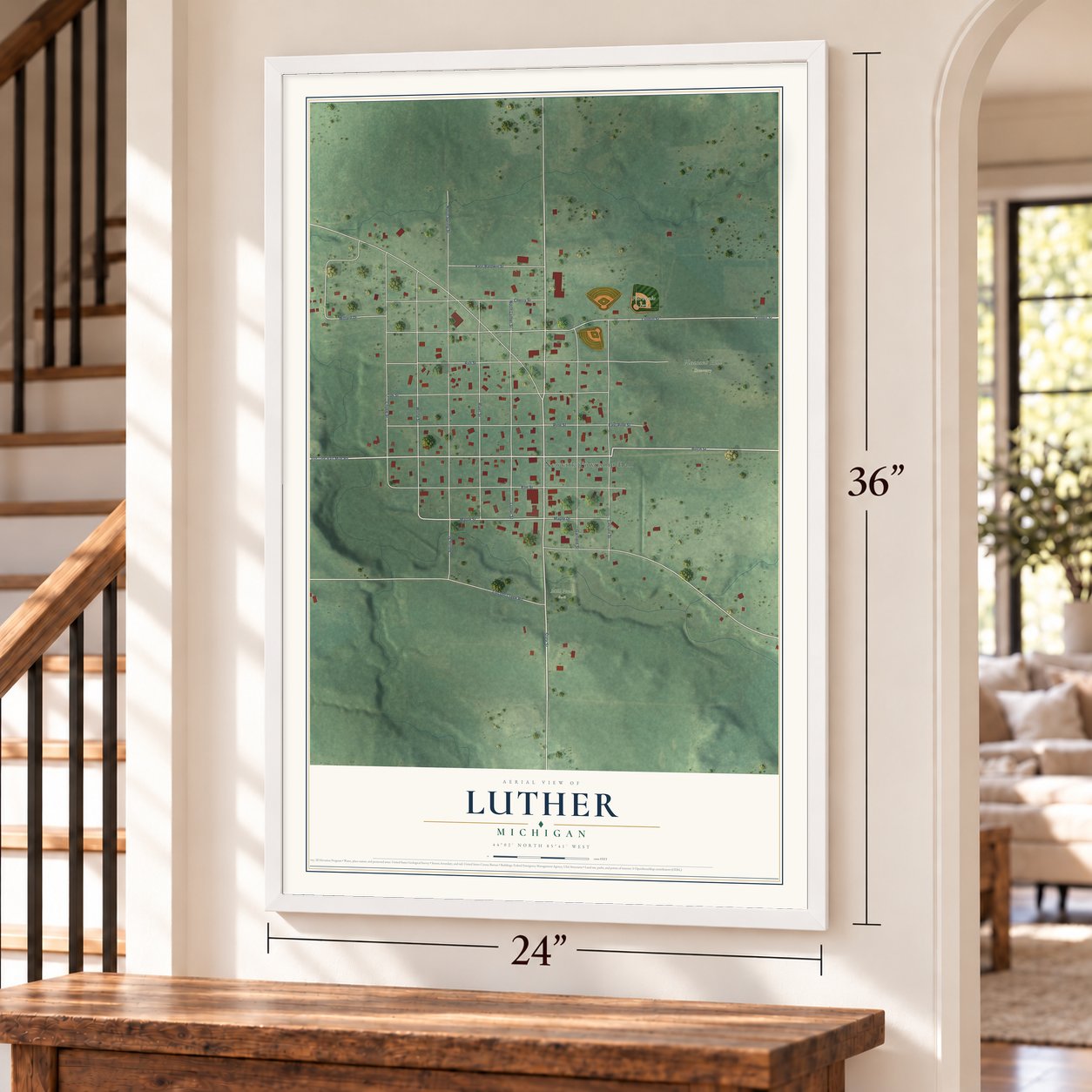 Luther, Michigan map, 24 x 36 inch print in a white frame by a staircase