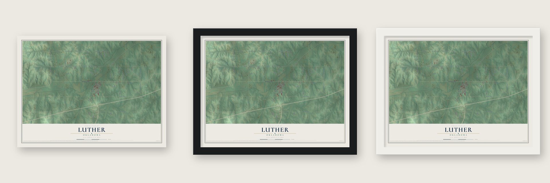 Luther, Oklahoma map unframed, in a black wood frame and in a white wood frame