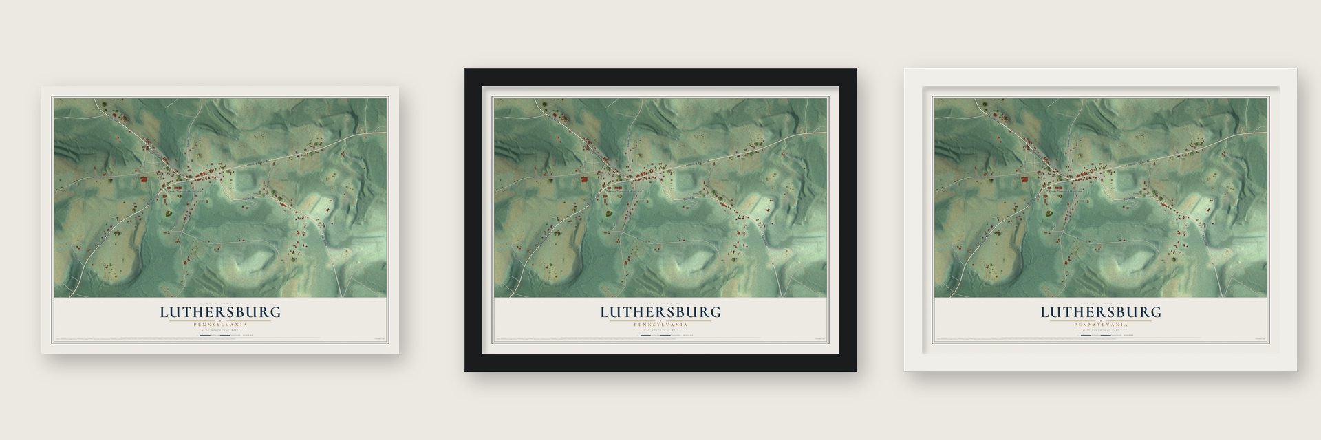 Luthersburg, Pennsylvania map unframed, in a black wood frame and in a white wood frame