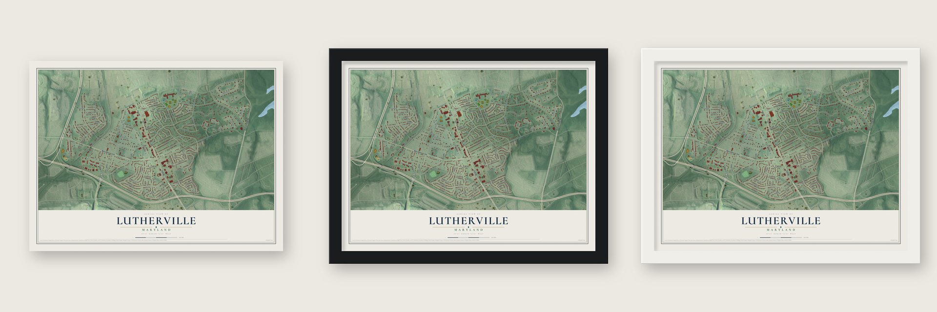 Lutherville, Maryland map unframed, in a black wood frame and in a white wood frame