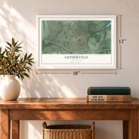 Lutherville, Maryland map, 12 x 18 inch print in a white frame in an entryway