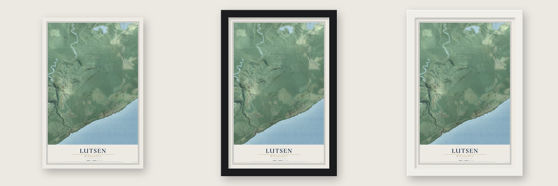 Lutsen, Minnesota map unframed, in a black wood frame and in a white wood frame