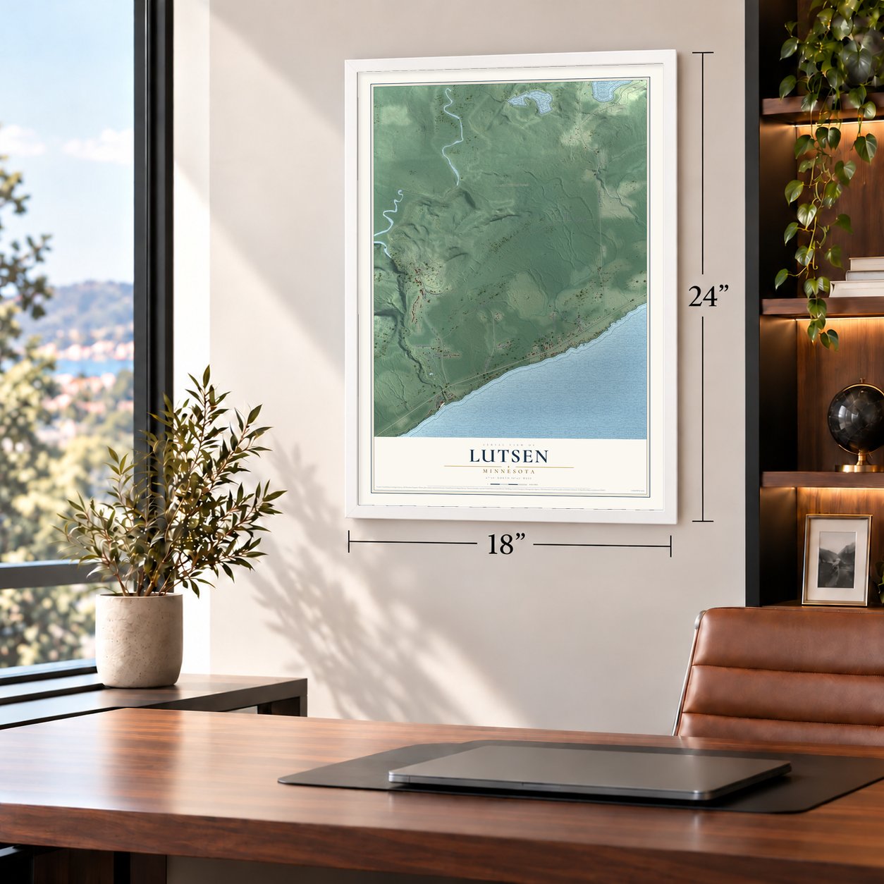 Lutsen, Minnesota map, 18 x 24 inch print in a white frame in a home office