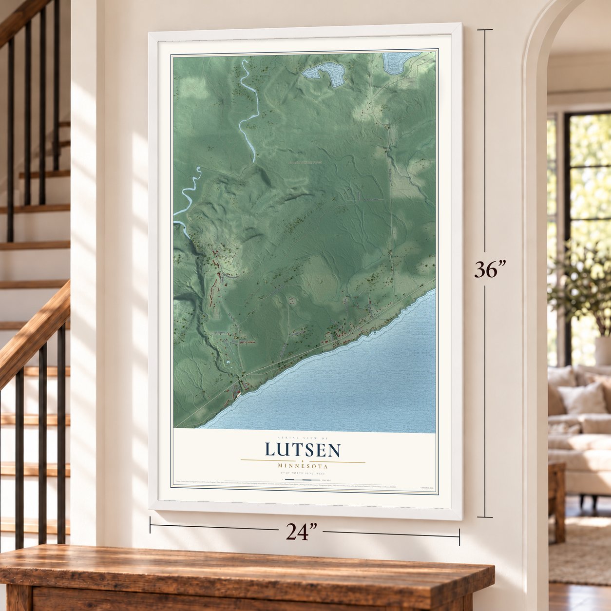 Lutsen, Minnesota map, 24 x 36 inch print in a white frame by a staircase