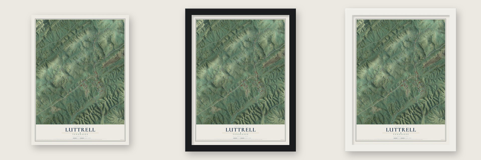 Luttrell, Tennessee map unframed, in a black wood frame and in a white wood frame