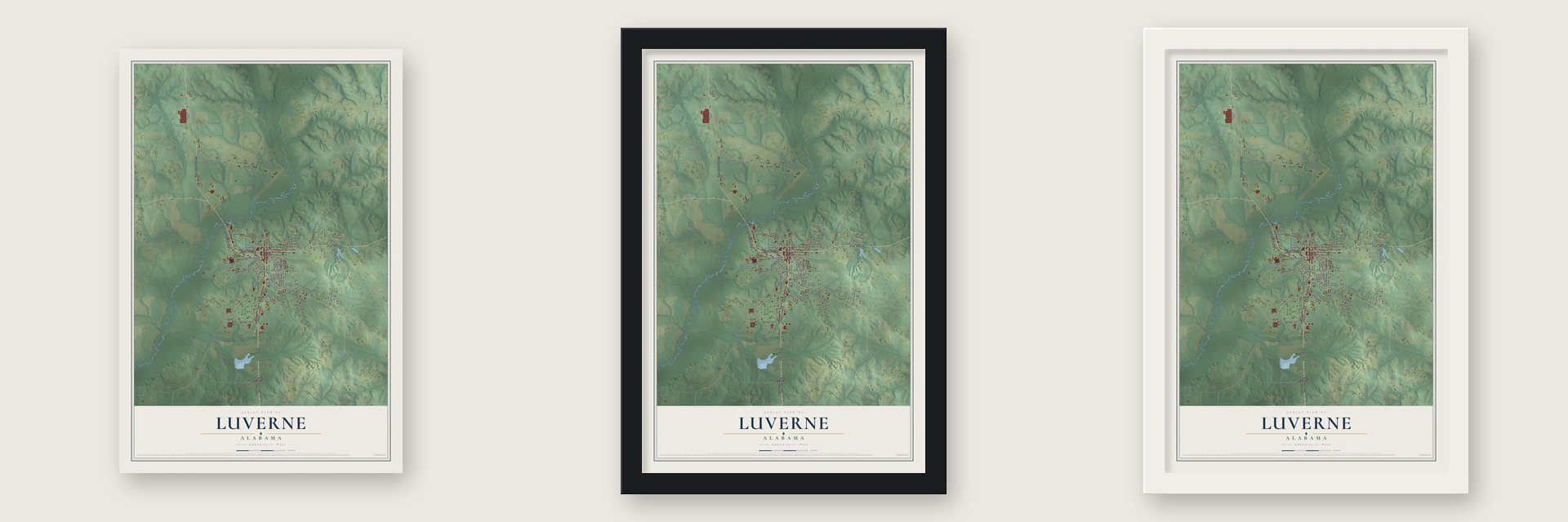 Luverne, Alabama map unframed, in a black wood frame and in a white wood frame