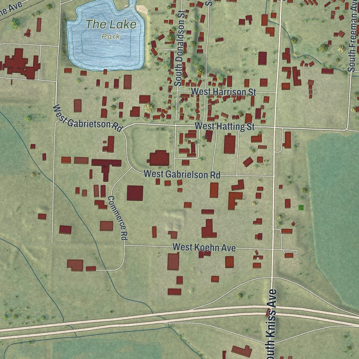 Second close-up of the map of Luverne, Minnesota print showing more streets and buildings