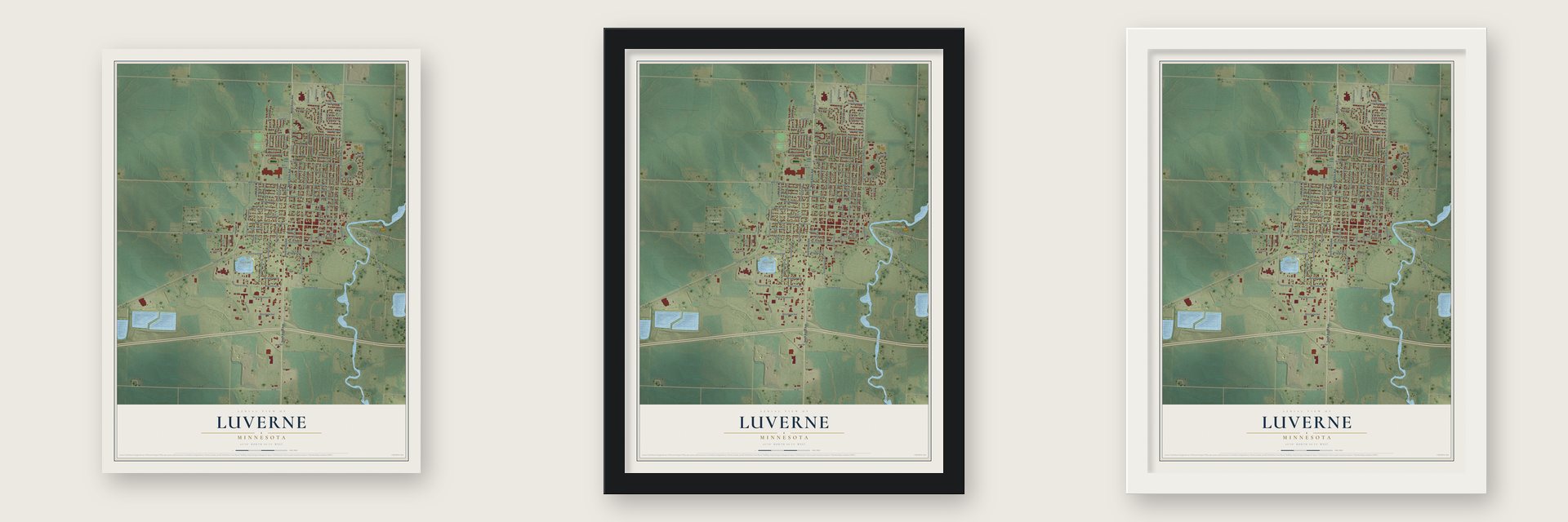 Luverne, Minnesota map unframed, in a black wood frame and in a white wood frame