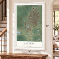 Luverne, Minnesota map, 24 x 36 inch print in a white frame by a staircase