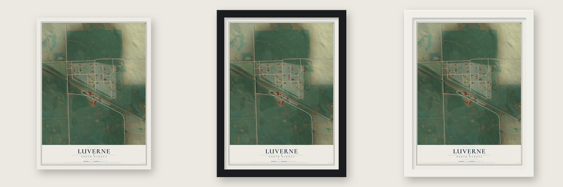 Luverne, North Dakota map unframed, in a black wood frame and in a white wood frame