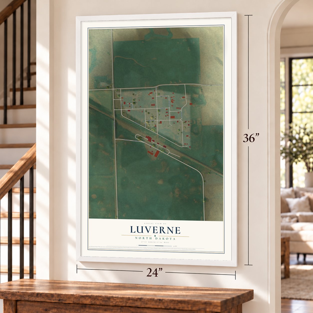 Luverne, North Dakota map, 24 x 36 inch print in a white frame by a staircase