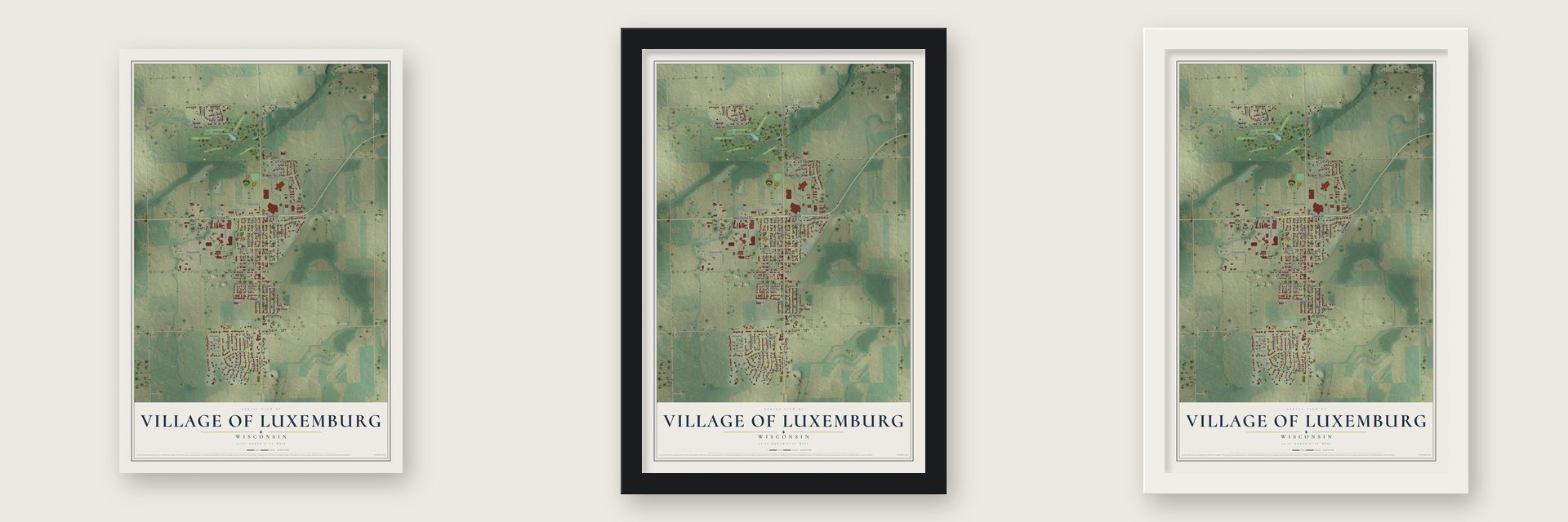 Luxemburg, Wisconsin map unframed, in a black wood frame and in a white wood frame