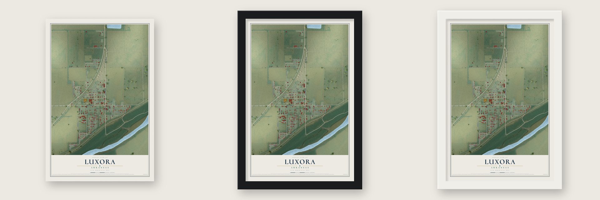 Luxora, Arkansas map unframed, in a black wood frame and in a white wood frame