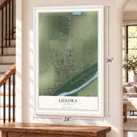 Luxora, Arkansas map, 24 x 36 inch print in a white frame by a staircase
