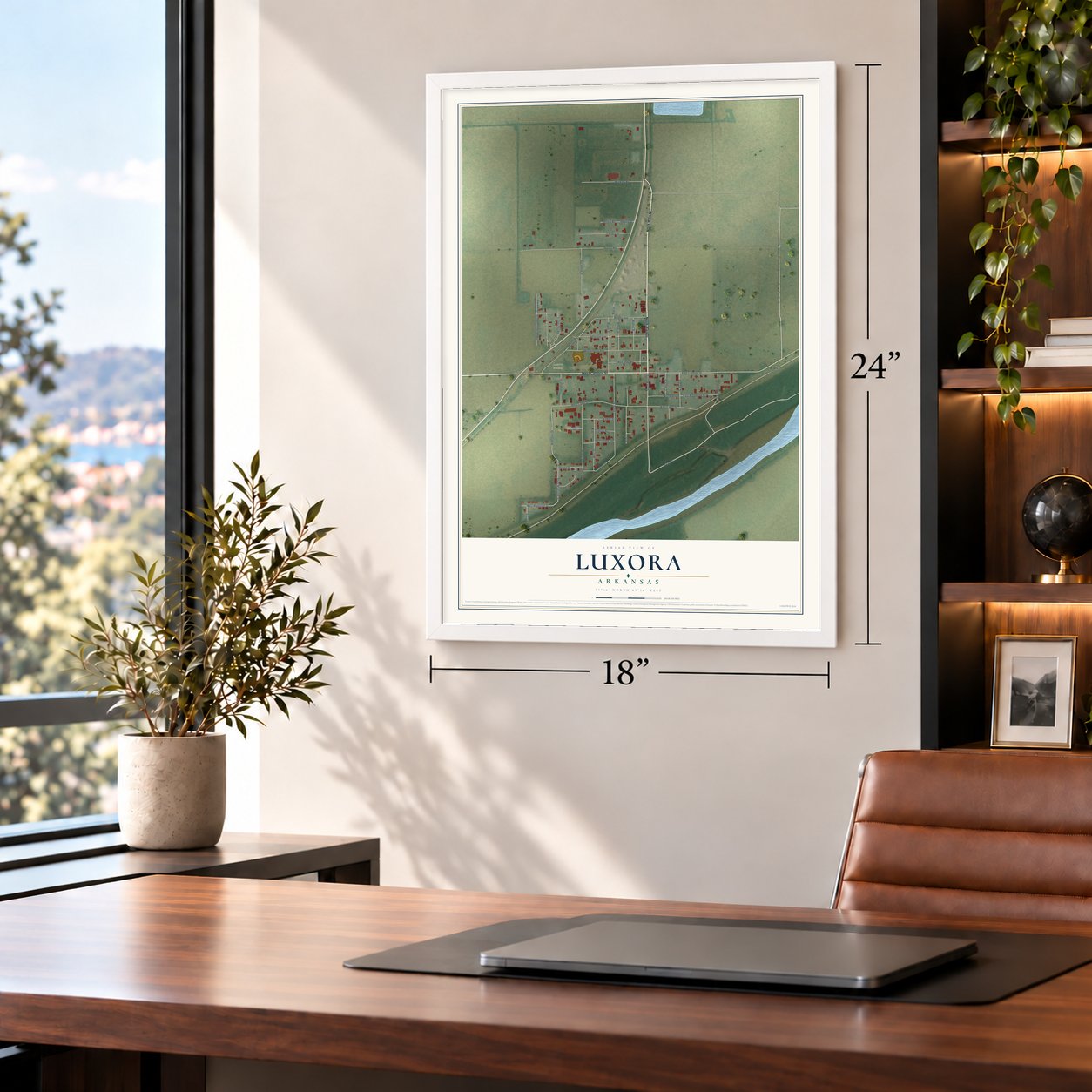 Luxora, Arkansas map, 18 x 24 inch print in a white frame in a home office