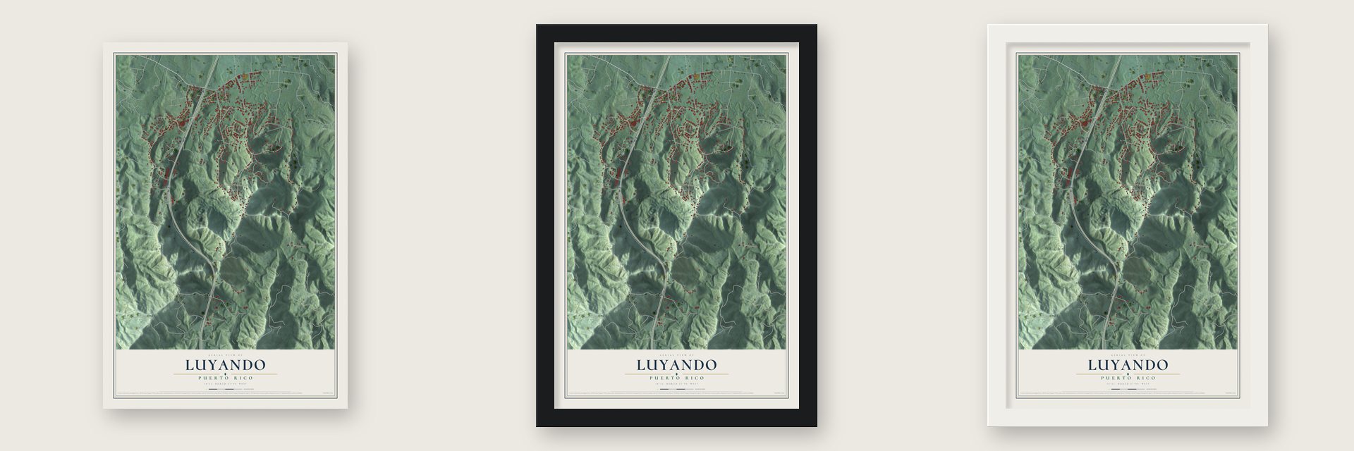 Luyando, Puerto Rico map unframed, in a black wood frame and in a white wood frame