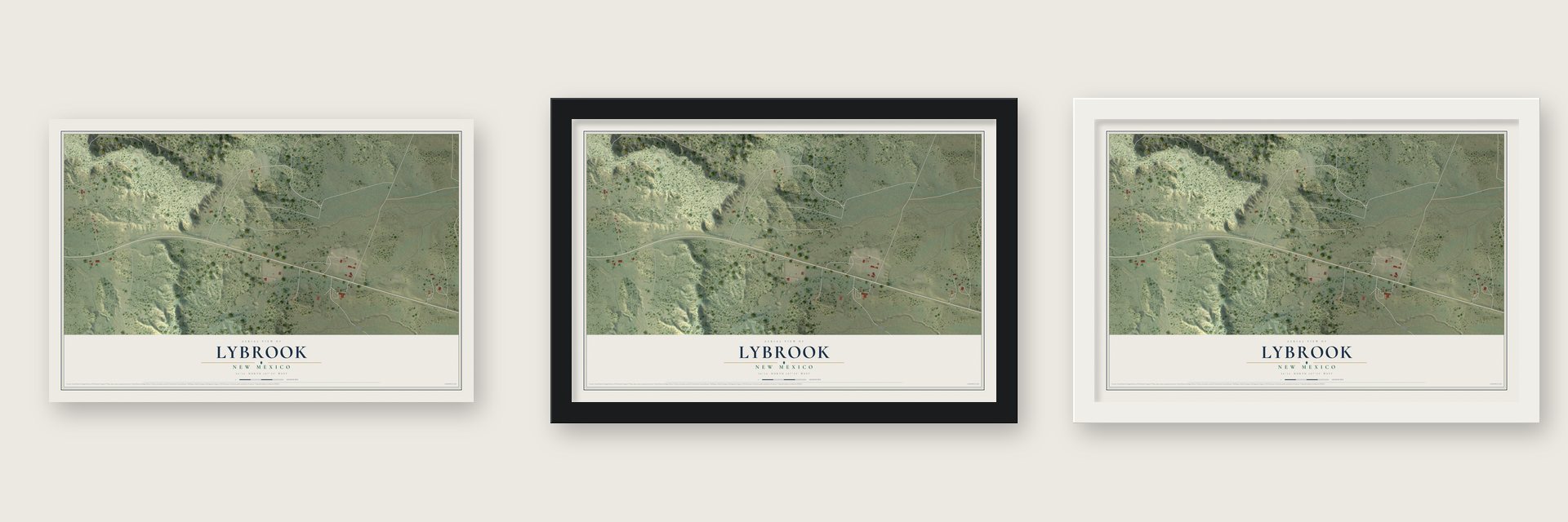 Lybrook, New Mexico map unframed, in a black wood frame and in a white wood frame