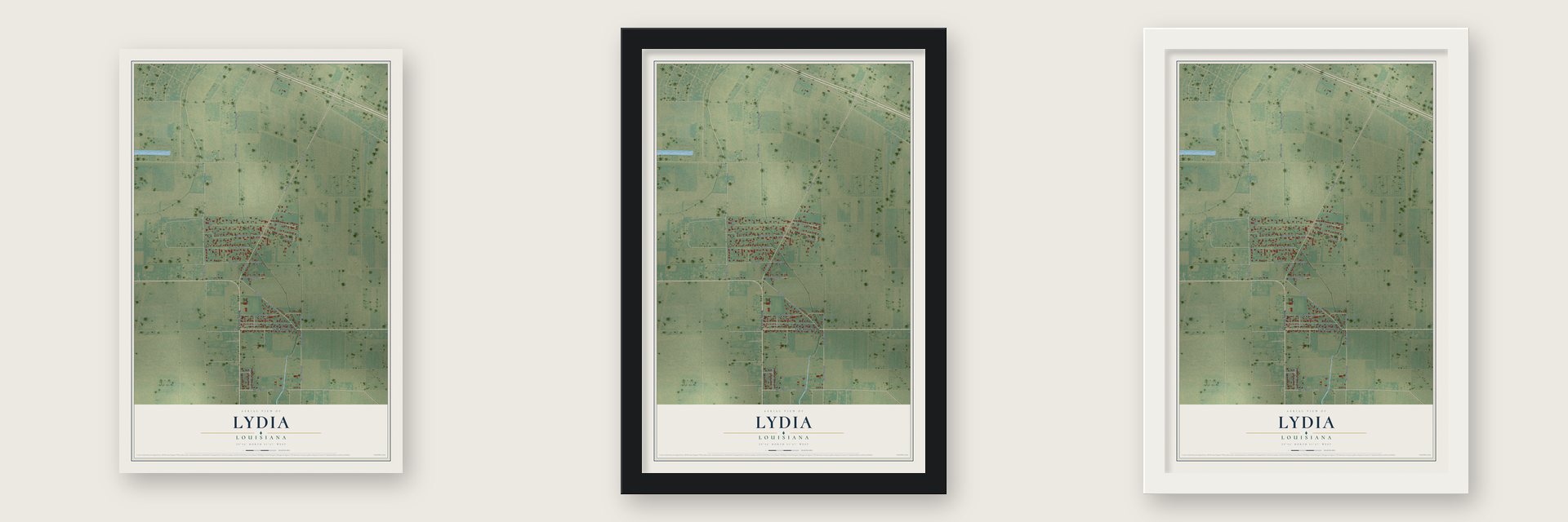 Lydia, Louisiana map unframed, in a black wood frame and in a white wood frame
