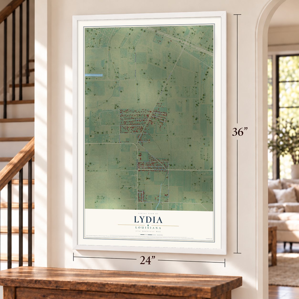 Lydia, Louisiana map, 24 x 36 inch print in a white frame by a staircase