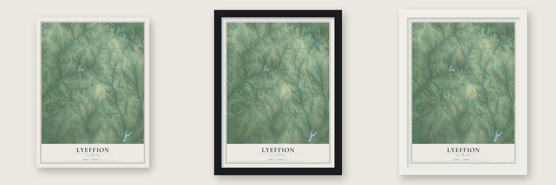 Lyeffion, Alabama map unframed, in a black wood frame and in a white wood frame