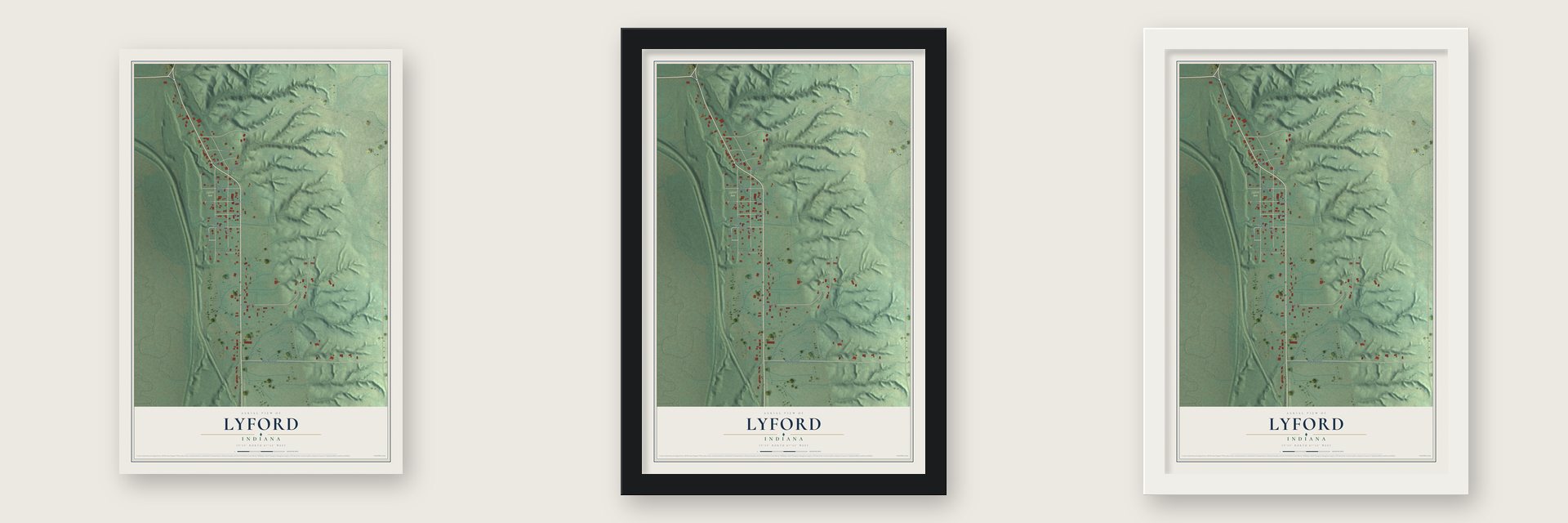 Lyford, Indiana map unframed, in a black wood frame and in a white wood frame