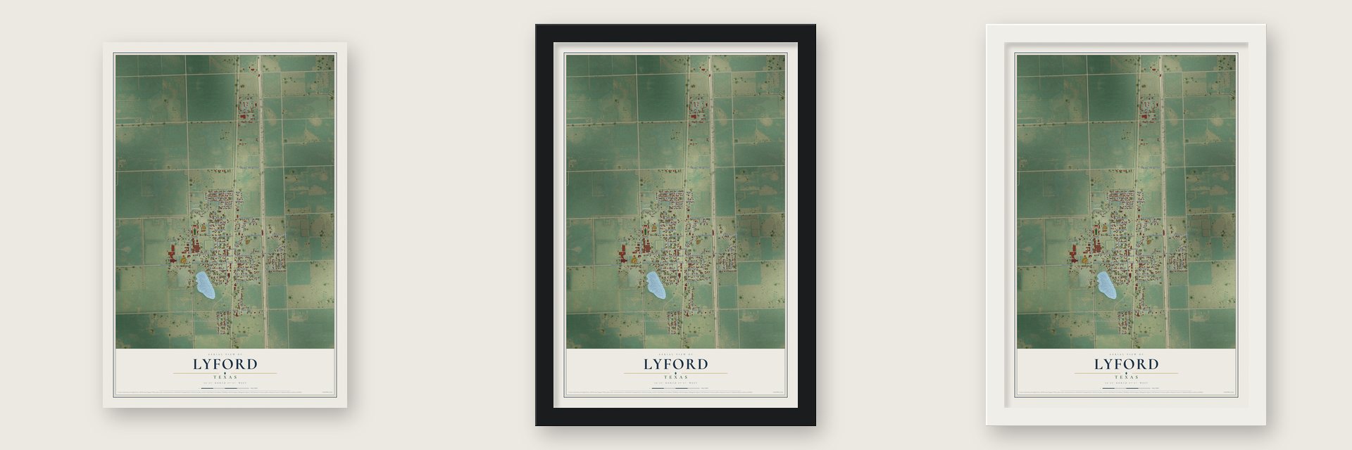 Lyford, Texas map unframed, in a black wood frame and in a white wood frame