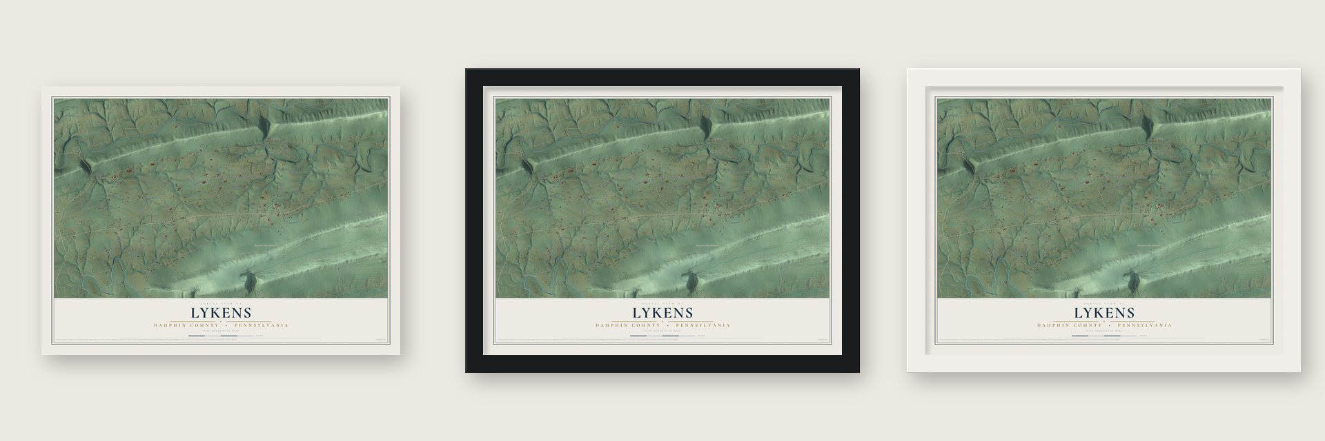Lykens, Dauphin County, Pennsylvania map unframed, in a black wood frame and in a white wood frame