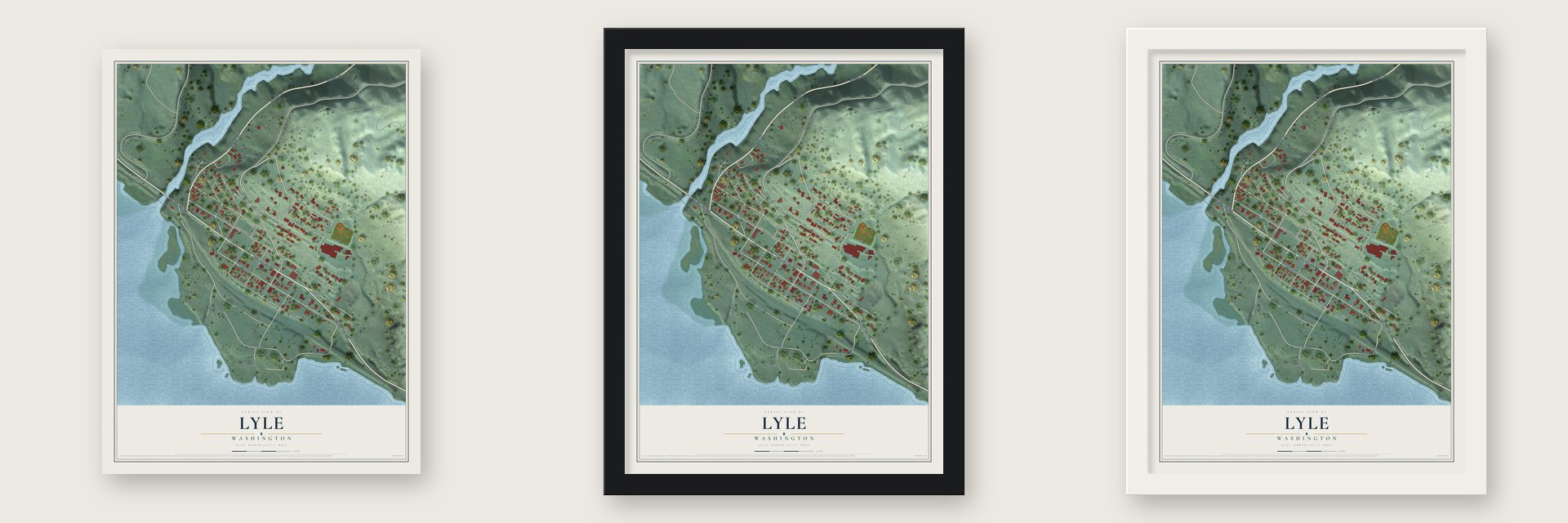 Lyle, Washington map unframed, in a black wood frame and in a white wood frame