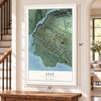 Lyle, Washington map, 24 x 36 inch print in a white frame by a staircase